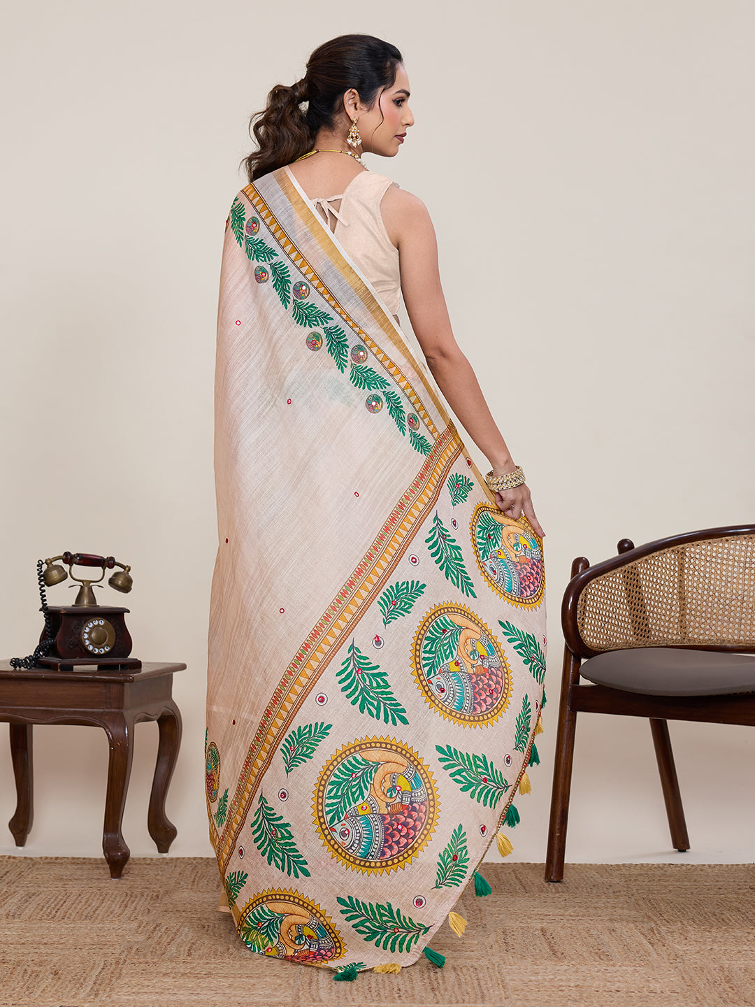 Elegant Cream Printed Saree with Traditional Peacock Motifs