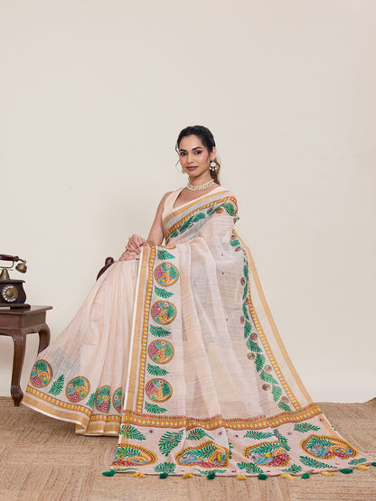 Elegant Cream Printed Saree with Traditional Peacock Motifs