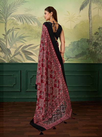 Elegant Maroon Black Printed Traditional Saree for Women