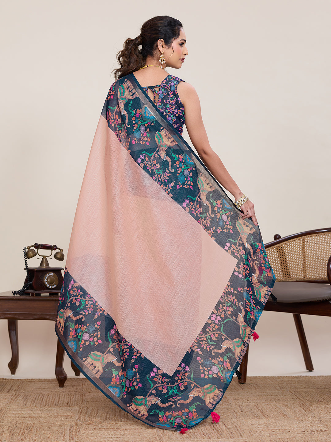 Elegant Navy Peach Saree With Floral Elephant Printed Design