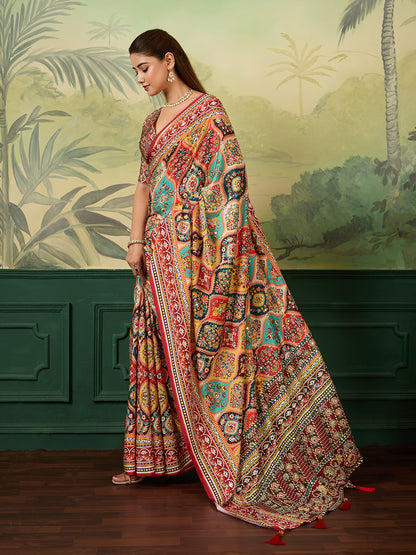 Multicolor Traditional Printed Saree with Ethnic Floral Design