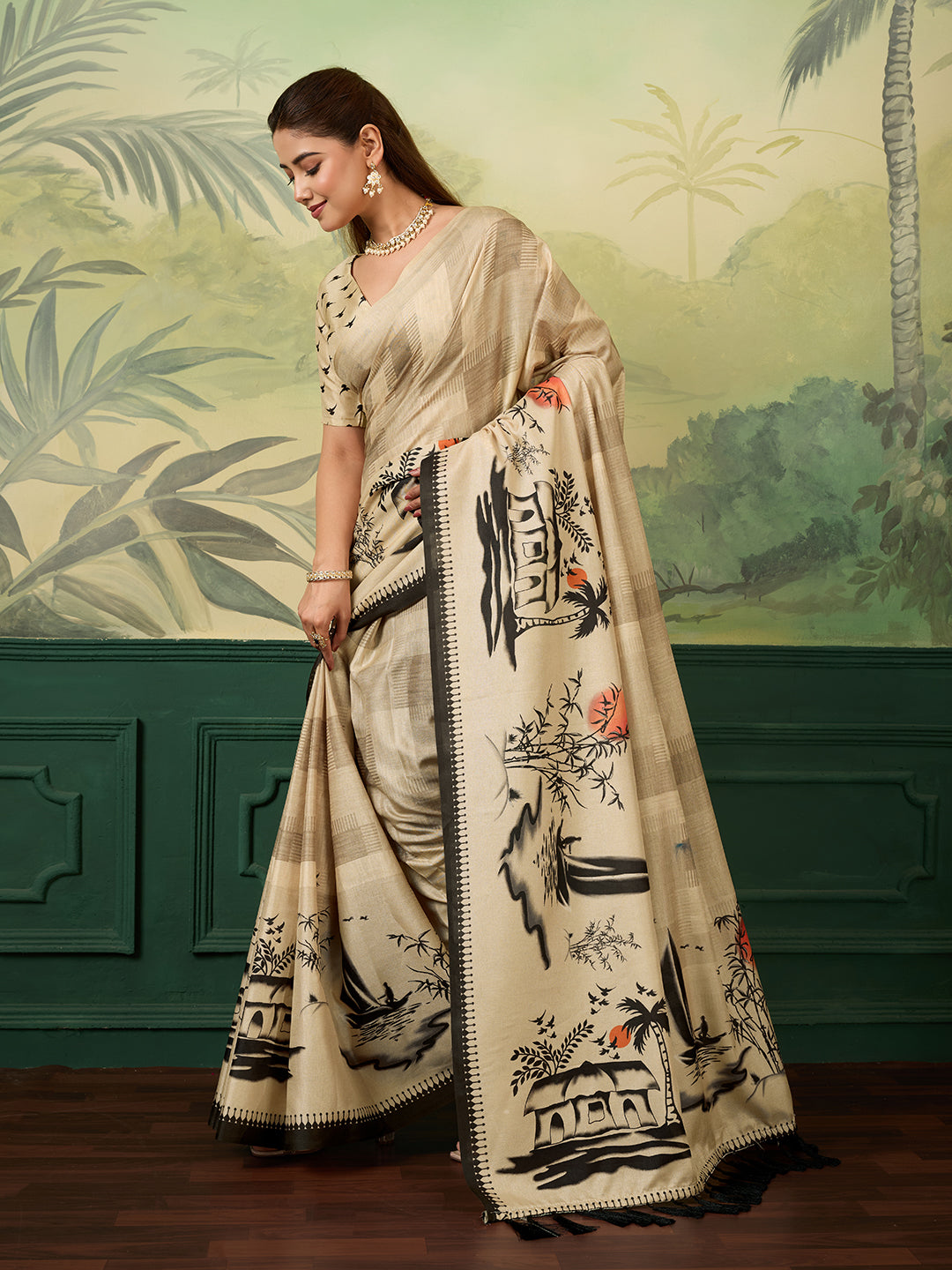 Elegant Beige Printed Saree with Artistic Traditional Motifs