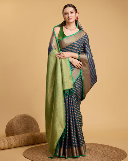 Elegant Blue Green Traditional Saree with Woven Border Design