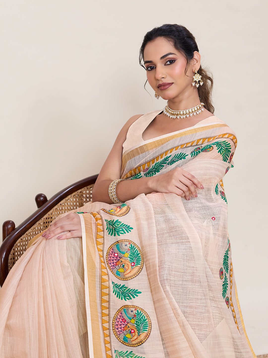 Elegant Cream Printed Saree with Traditional Peacock Motifs