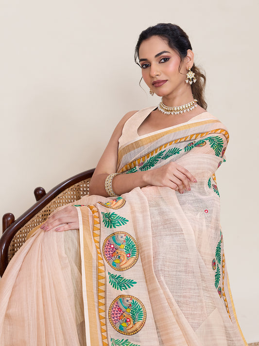 Elegant Cream Printed Saree with Traditional Peacock Motifs