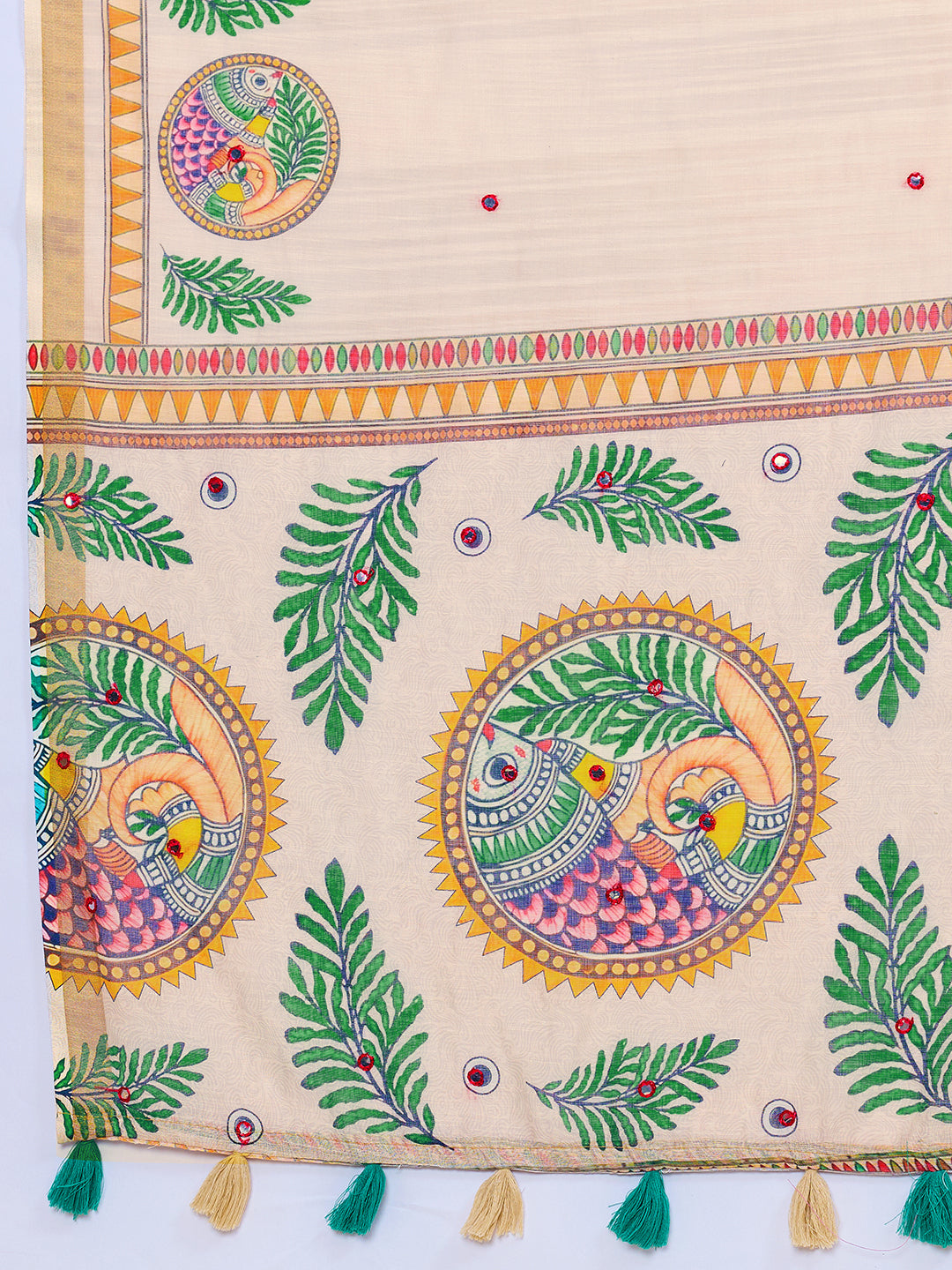 Elegant Cream Printed Saree with Traditional Peacock Motifs