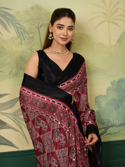 Elegant Maroon Black Printed Traditional Saree for Women