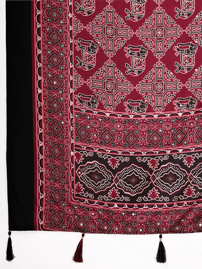 Elegant Maroon Black Printed Traditional Saree for Women