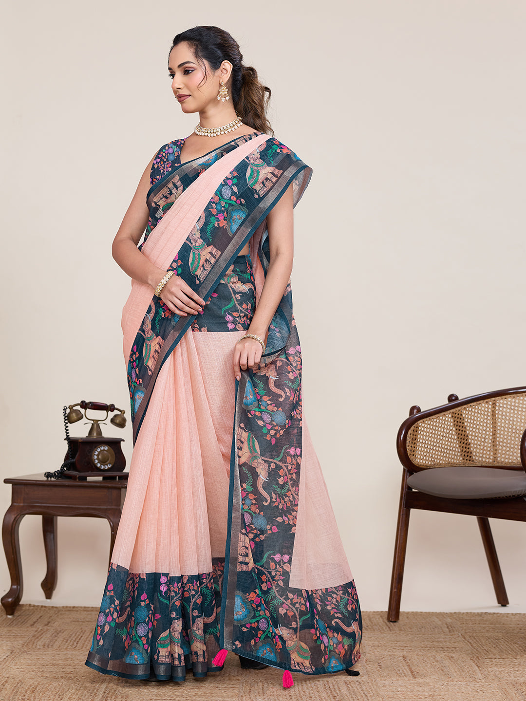 Elegant Navy Peach Saree With Floral Elephant Printed Design