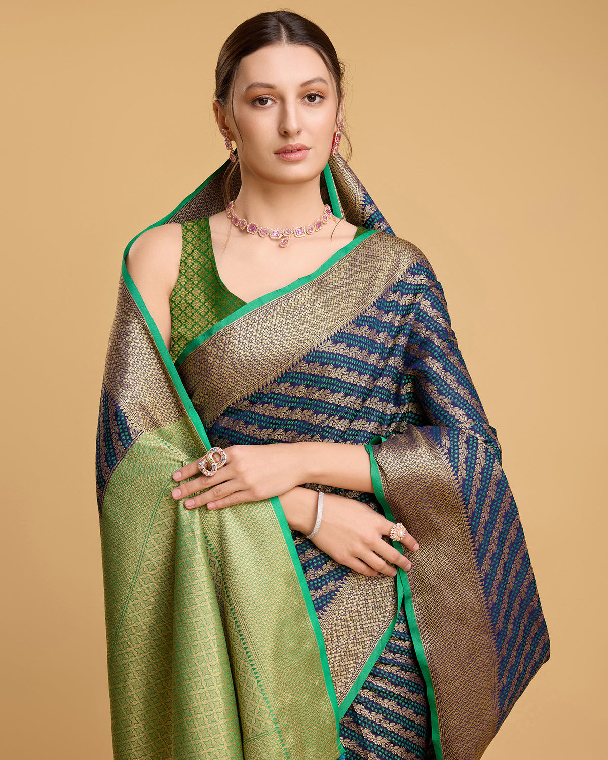 Elegant Blue Green Traditional Saree with Woven Border Design