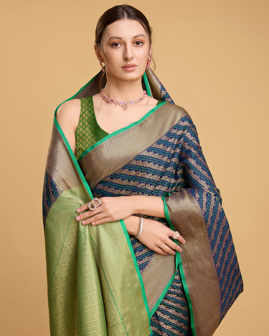 Elegant Blue Green Traditional Saree with Woven Border Design