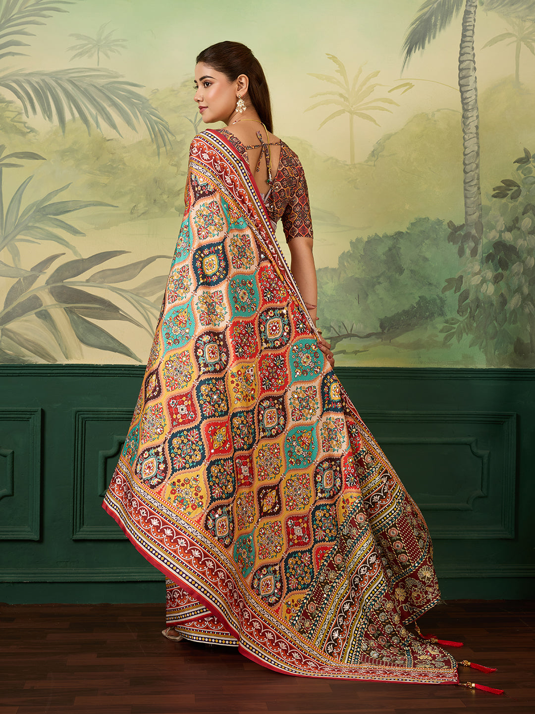 Multicolor Traditional Printed Saree with Ethnic Floral Design