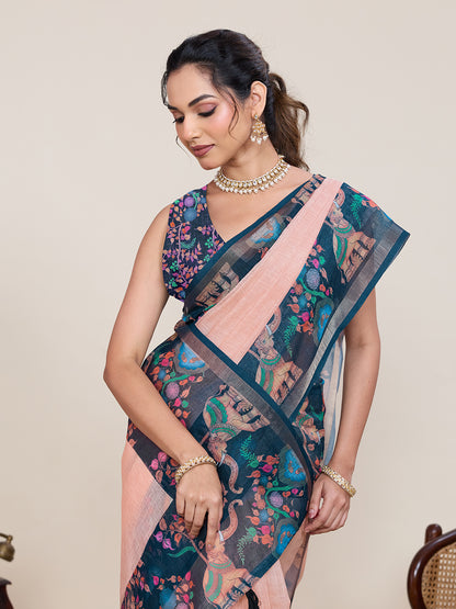 Elegant Navy Peach Saree With Floral Elephant Printed Design