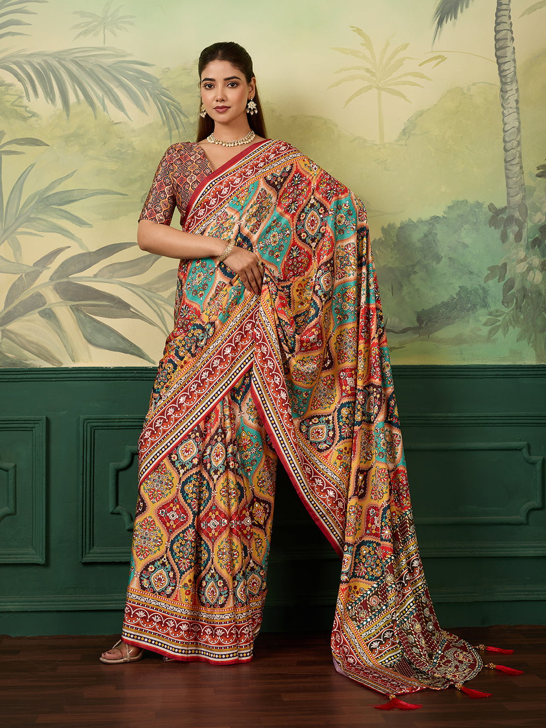 Multicolor Traditional Printed Saree with Ethnic Floral Design