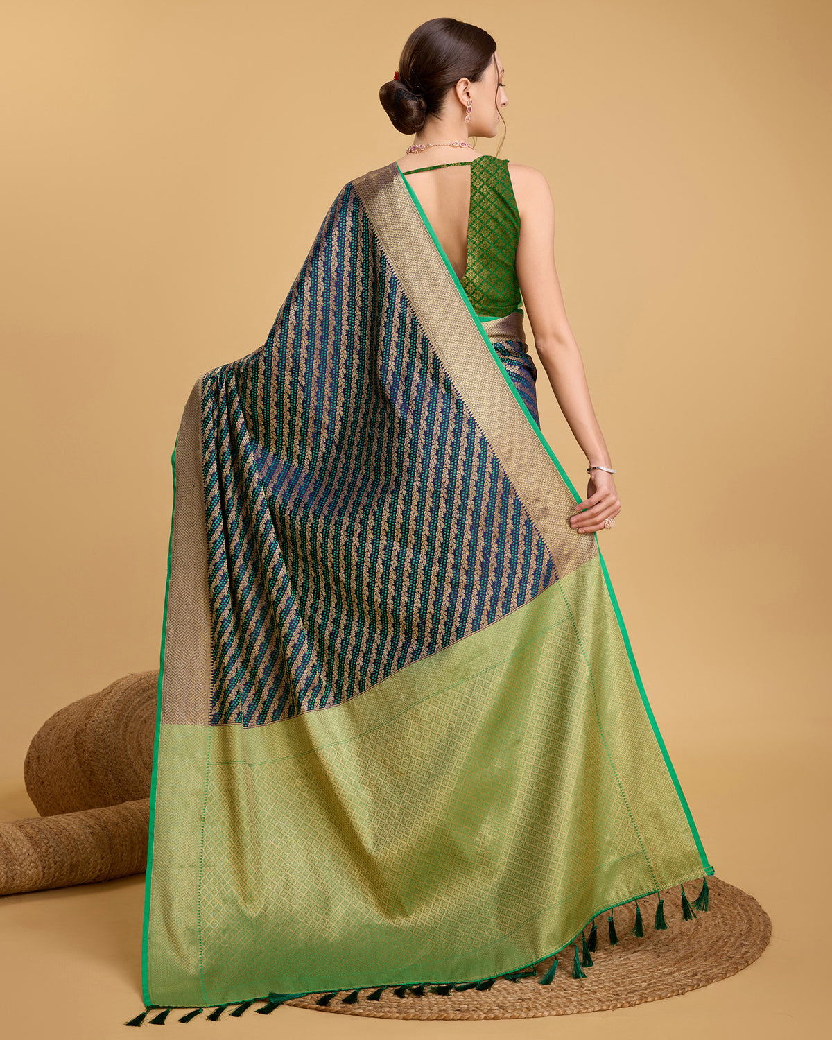 Elegant Blue Green Traditional Saree with Woven Border Design