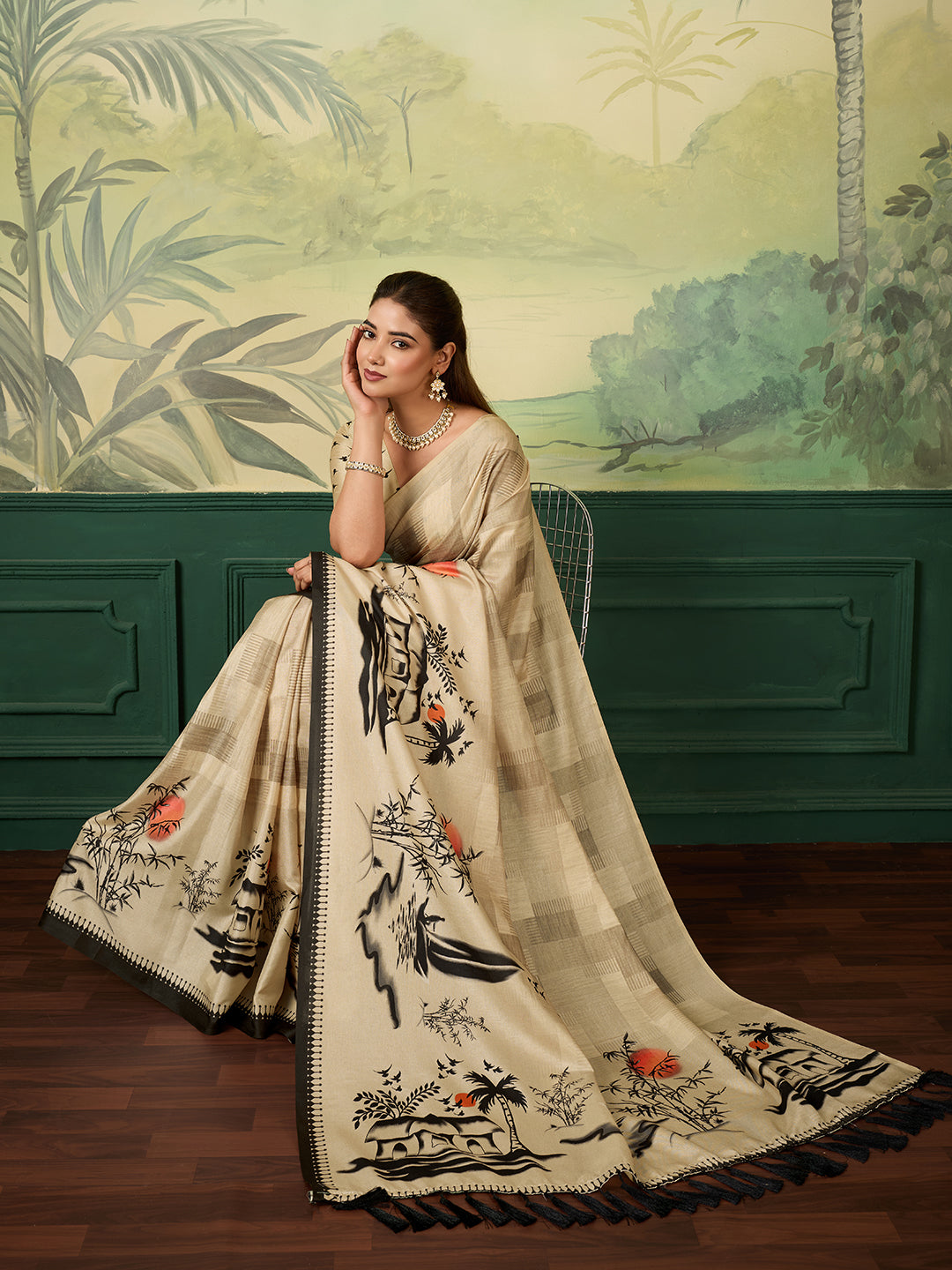 Elegant Beige Printed Saree with Artistic Traditional Motifs