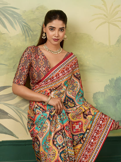 Multicolor Traditional Printed Saree with Ethnic Floral Design