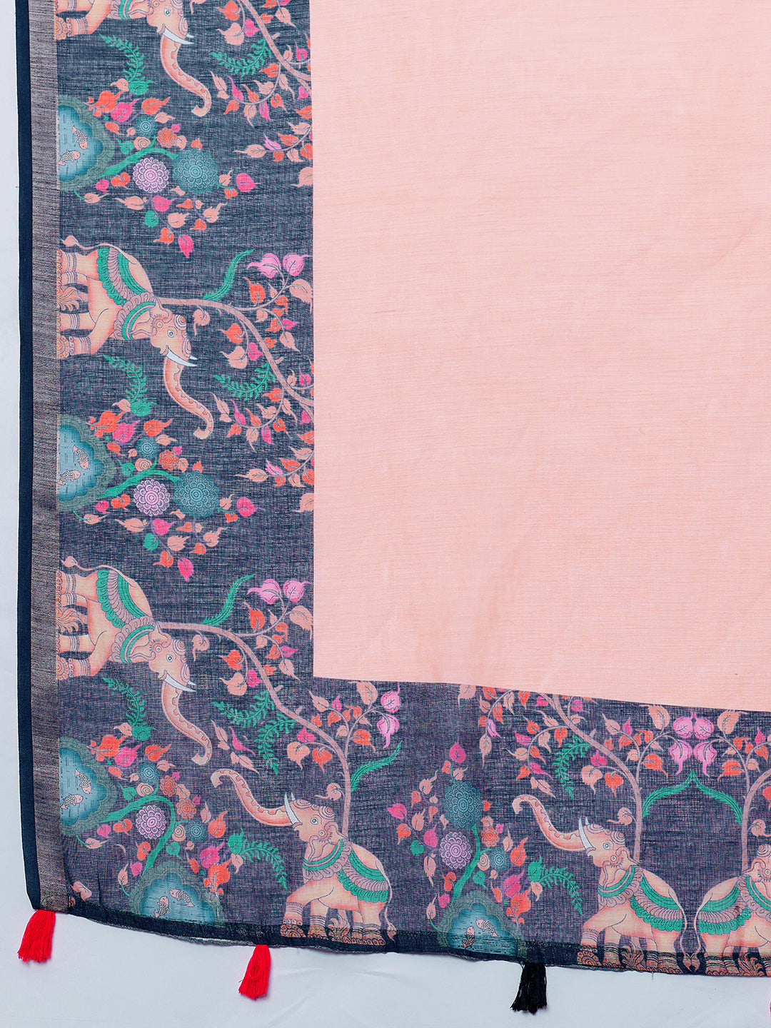 Elegant Navy Peach Saree With Floral Elephant Printed Design