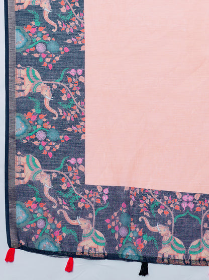 Elegant Navy Peach Saree With Floral Elephant Printed Design