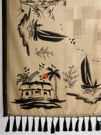 Elegant Beige Printed Saree with Artistic Traditional Motifs