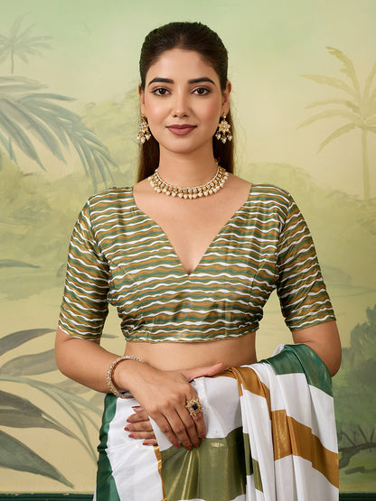 Elegant Green White Gold Striped Saree With Tassel Detailing
