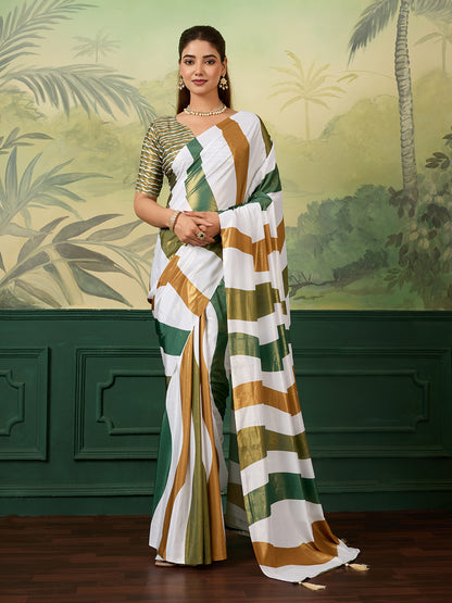 Elegant Green White Gold Striped Saree With Tassel Detailing