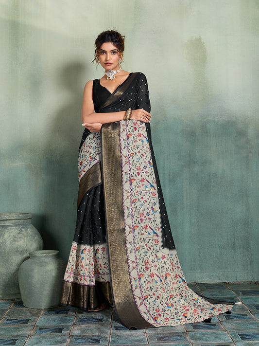 Elegant Black Saree With Floral Printed Pallu And Border