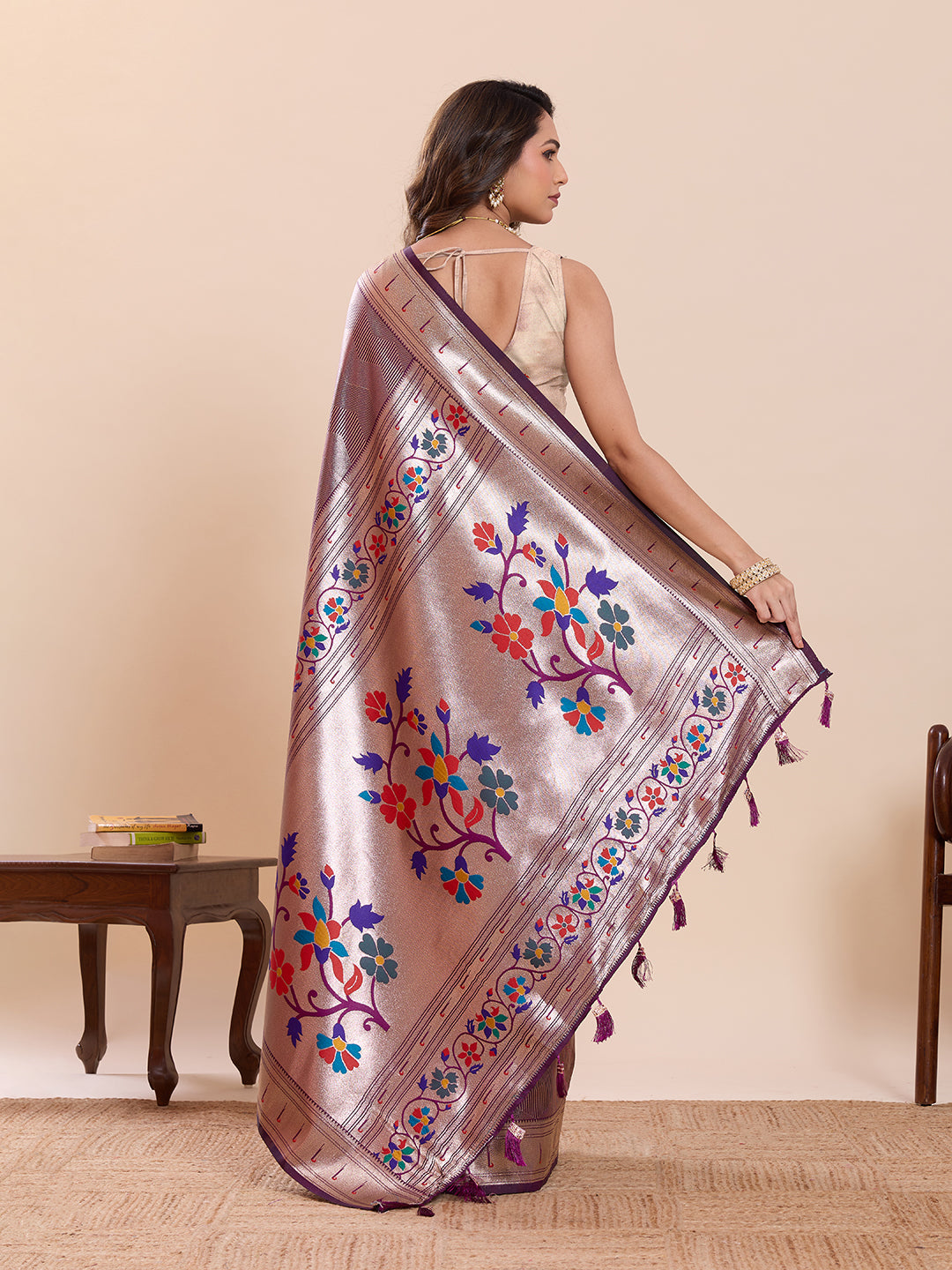 Elegant Purple Floral Woven Border Traditional Festive Saree