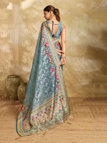Elegant Sky Blue Floral Printed Saree for Women
