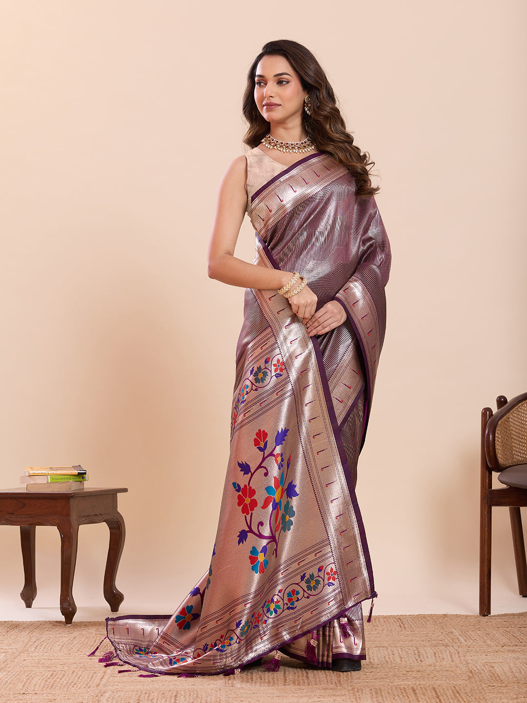 Elegant Purple Floral Woven Border Traditional Festive Saree