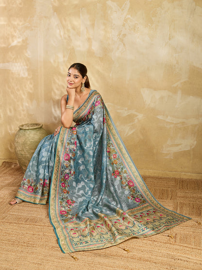 Elegant Sky Blue Floral Printed Saree for Women