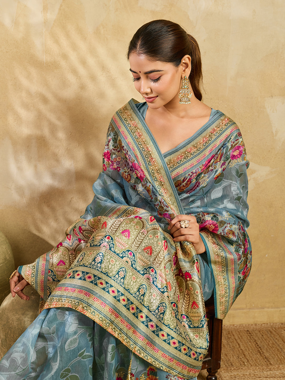 Elegant Sky Blue Floral Printed Saree for Women