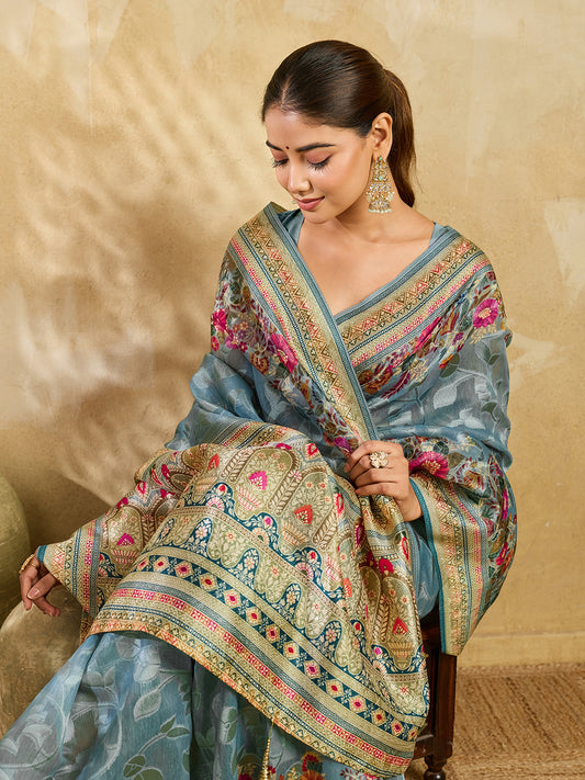 Elegant Sky Blue Floral Printed Saree for Women