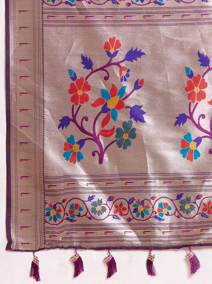 Elegant Purple Floral Woven Border Traditional Festive Saree