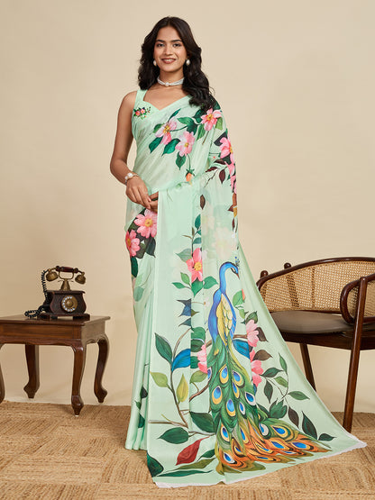 Elegant Mint Green Peacock Floral Printed Designer Saree