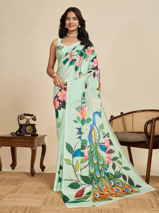 Elegant Mint Green Peacock Floral Printed Designer Saree