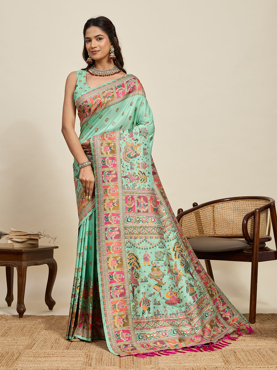 Mint Green Traditional Printed Saree With Ethnic Motifs