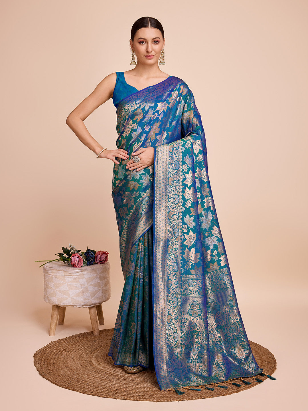 Blue Floral Woven Designer Saree With Traditional Border