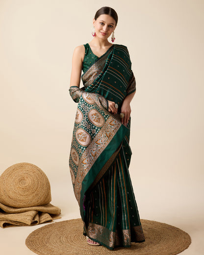 Elegant Green Designer Saree With Traditional Floral Printed Border