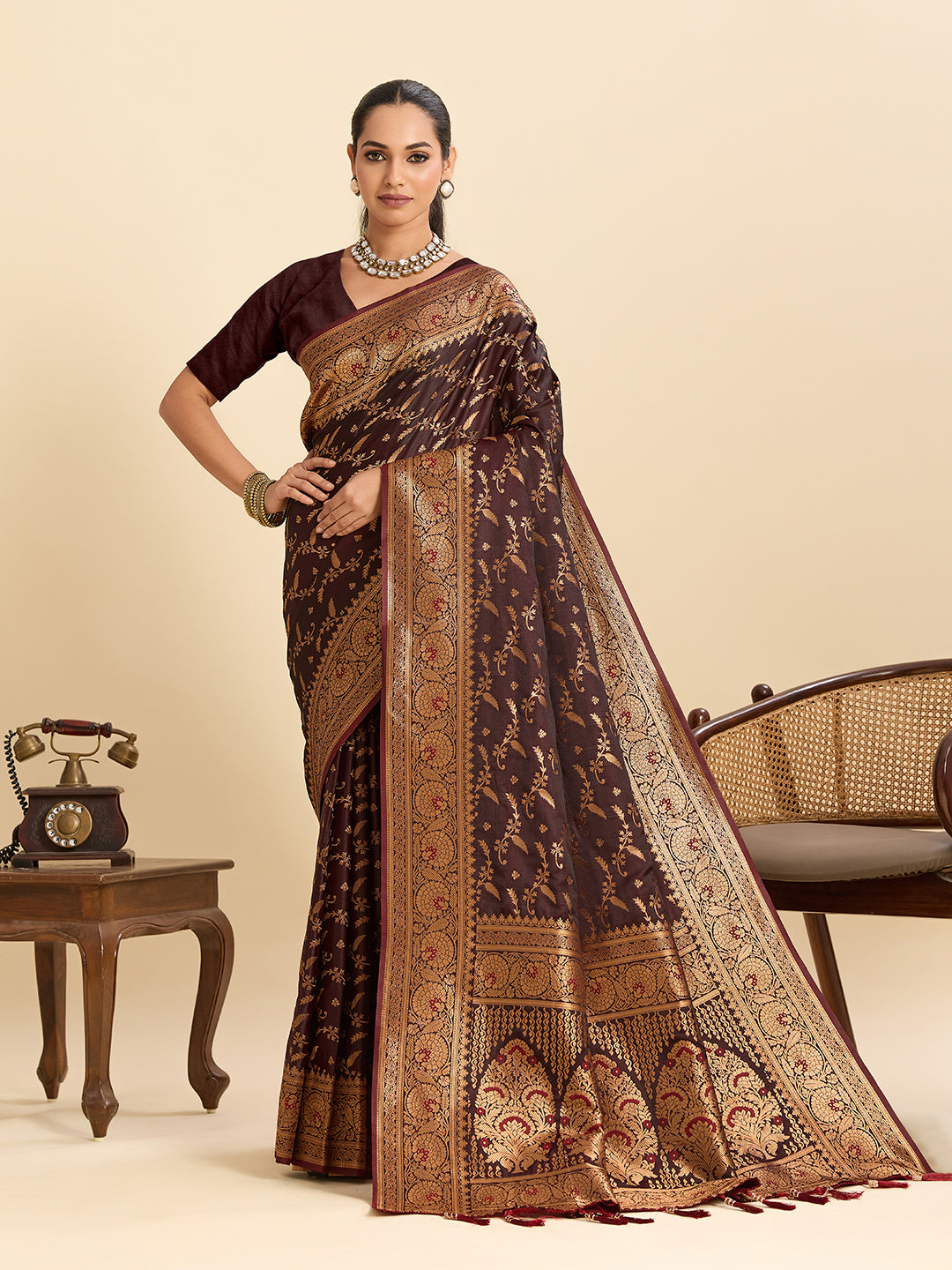 Elegant Wine Brown Saree with Rich Traditional Golden Border