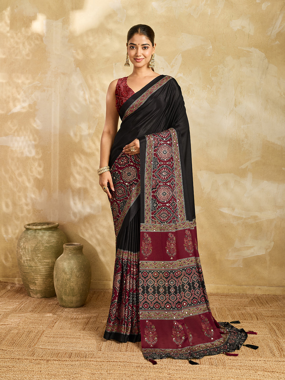 Elegant Black Maroon Printed Saree With Traditional Border