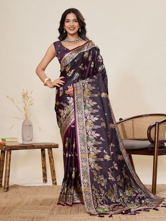 Elegant Purple Floral Printed Saree With Designer Border