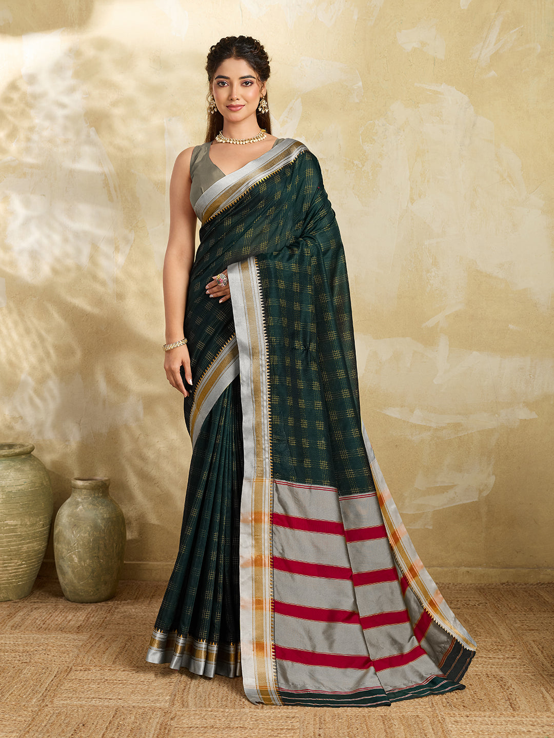 Dark Green Checked Designer Saree With Elegant Contrast Border