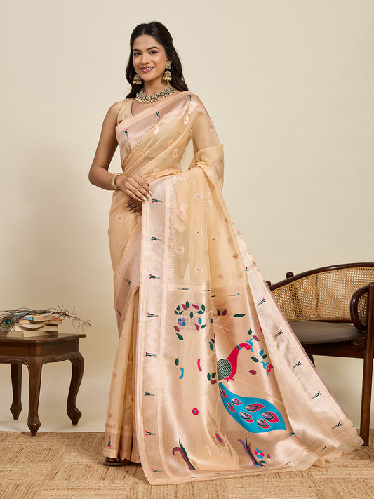 Elegant Peach Designer Saree With Peacock Print And Border