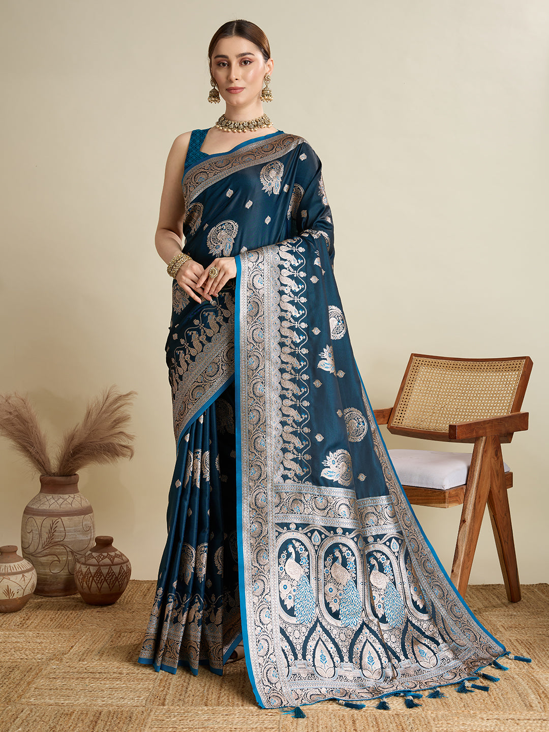Elegant Navy Blue Peacock Printed Designer Saree for Women