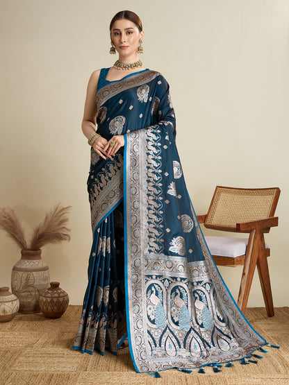 Elegant Navy Blue Peacock Printed Designer Saree for Women