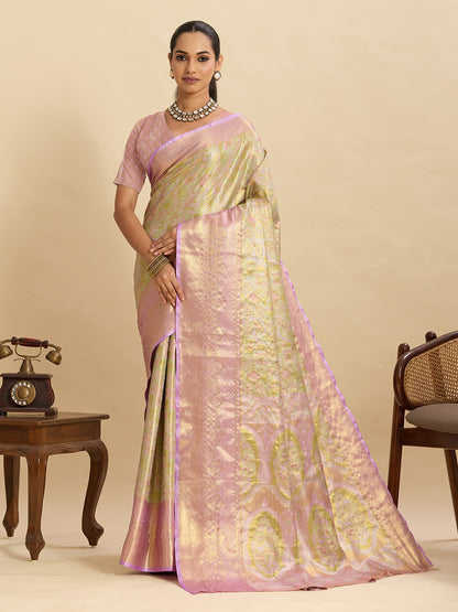 Pastel Green Pink Woven Designer Saree With Elegant Border