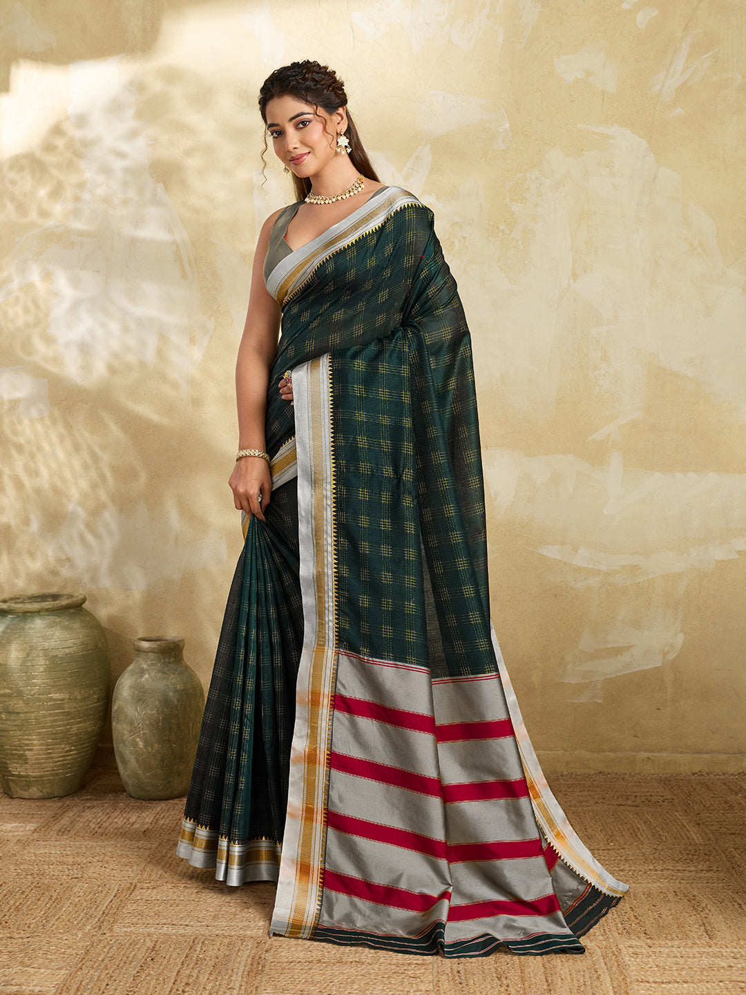 Dark Green Checked Designer Saree With Elegant Contrast Border