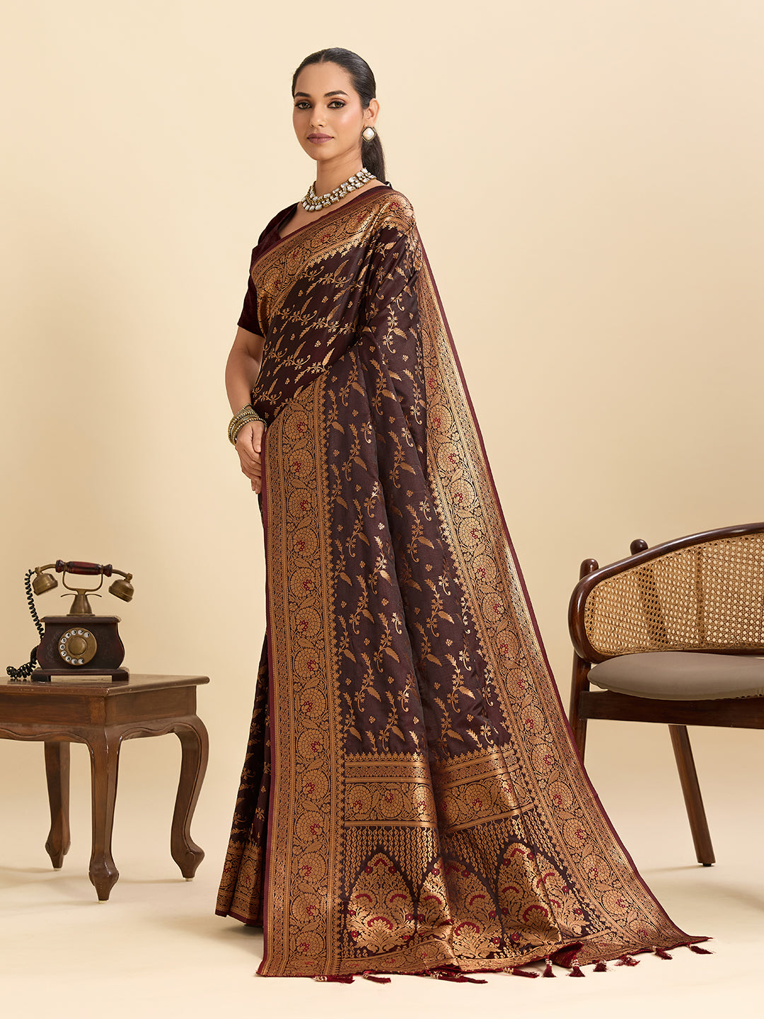 Elegant Wine Brown Saree with Rich Traditional Golden Border