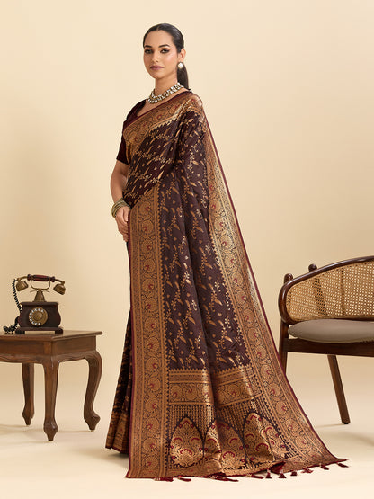 Elegant Wine Brown Saree with Rich Traditional Golden Border